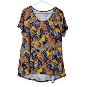 LuLaRoe Womens 2XL Shirt Tunic Geometric Stretch High Low Round Neck Cap Sleeve